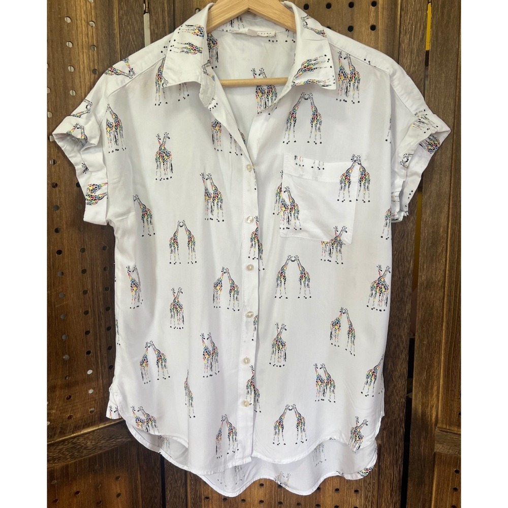 Jane & Delancey Rainbow Giraffe Button Down Rayon Shirt Women's Small Pride